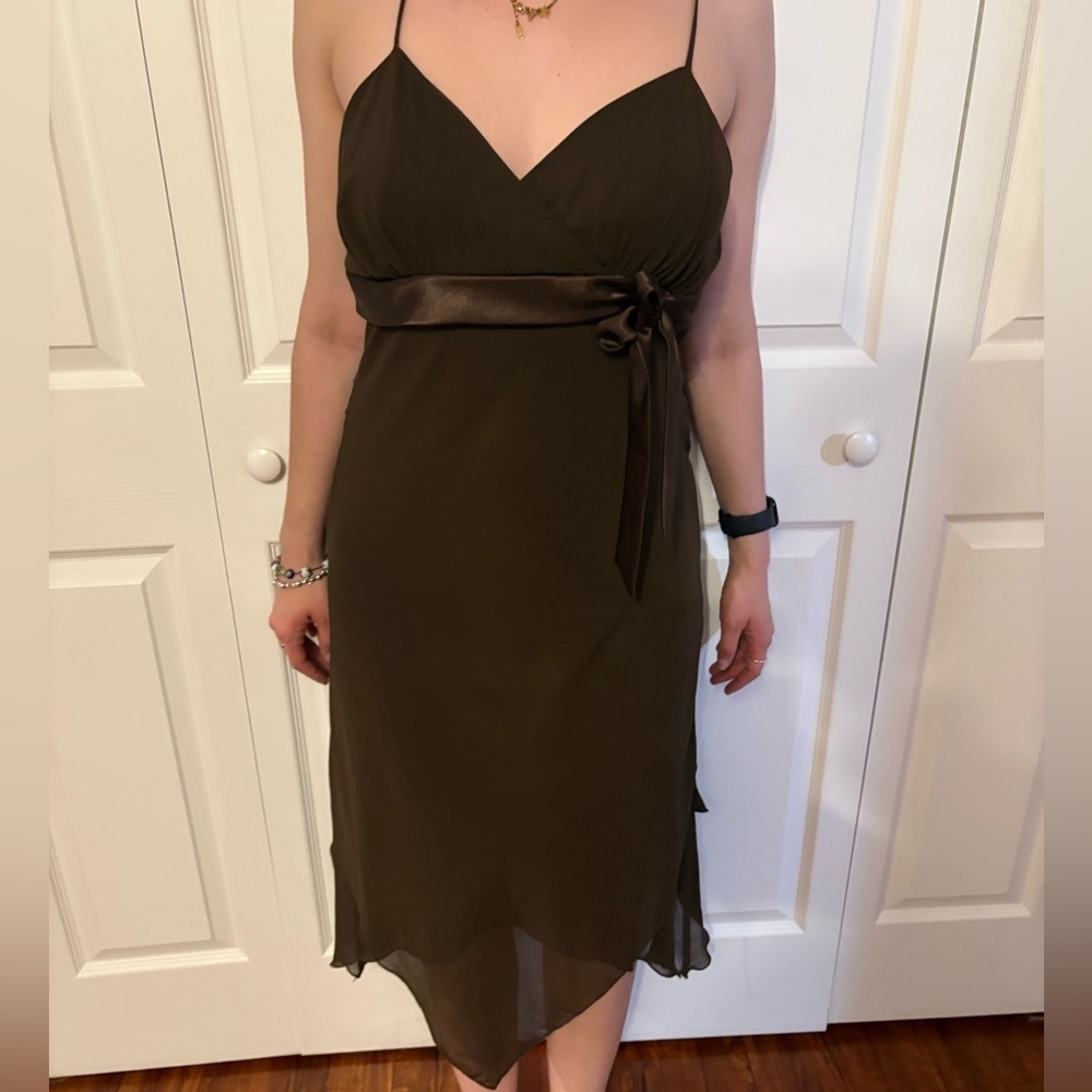 Vintage Y2K 90s Retro Brown Satin Waist Tie Asymmetrical Midi Slip Dress Size 6